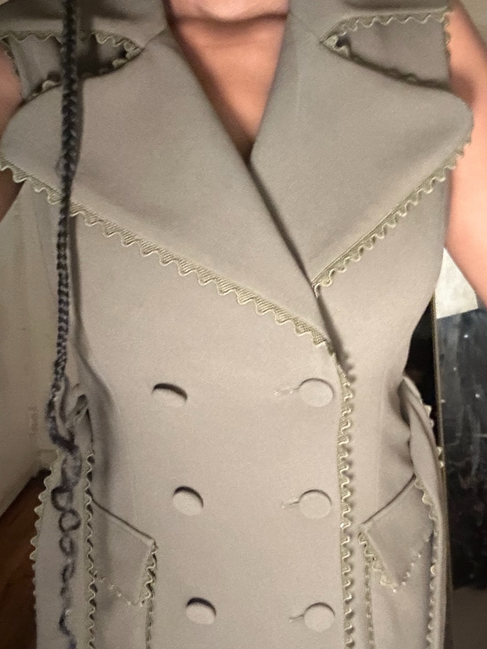 Lela Rose Pearl Olive Green
Sleeveless Double Breasted Vest Dress
Scalloped